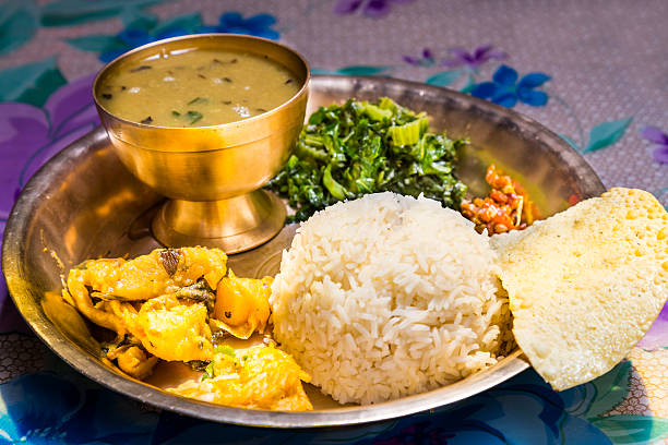 Traditional Nepali Dal Bhat thali with rice, lentils, curries, and pickles