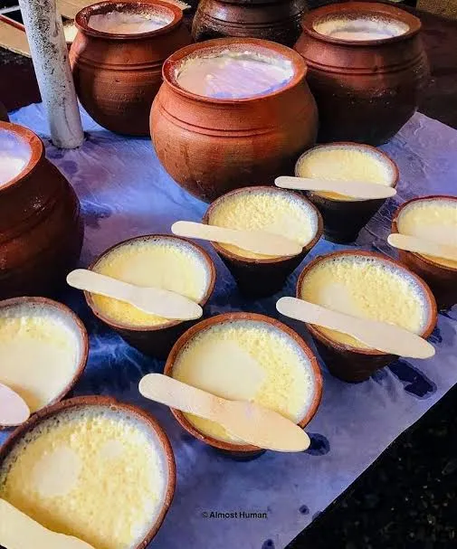 A traditional clay pot (Karuwa) of Juju Dhau, the King of Yogurt, from Bhaktapur, Nepal
