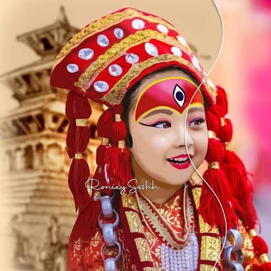 The Royal Kumari of Kathmandu in traditional red attire