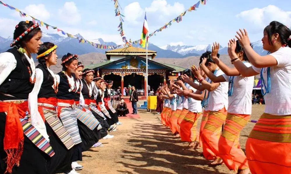 Tamang women in traditional dress performing a cultural dance in Nepal